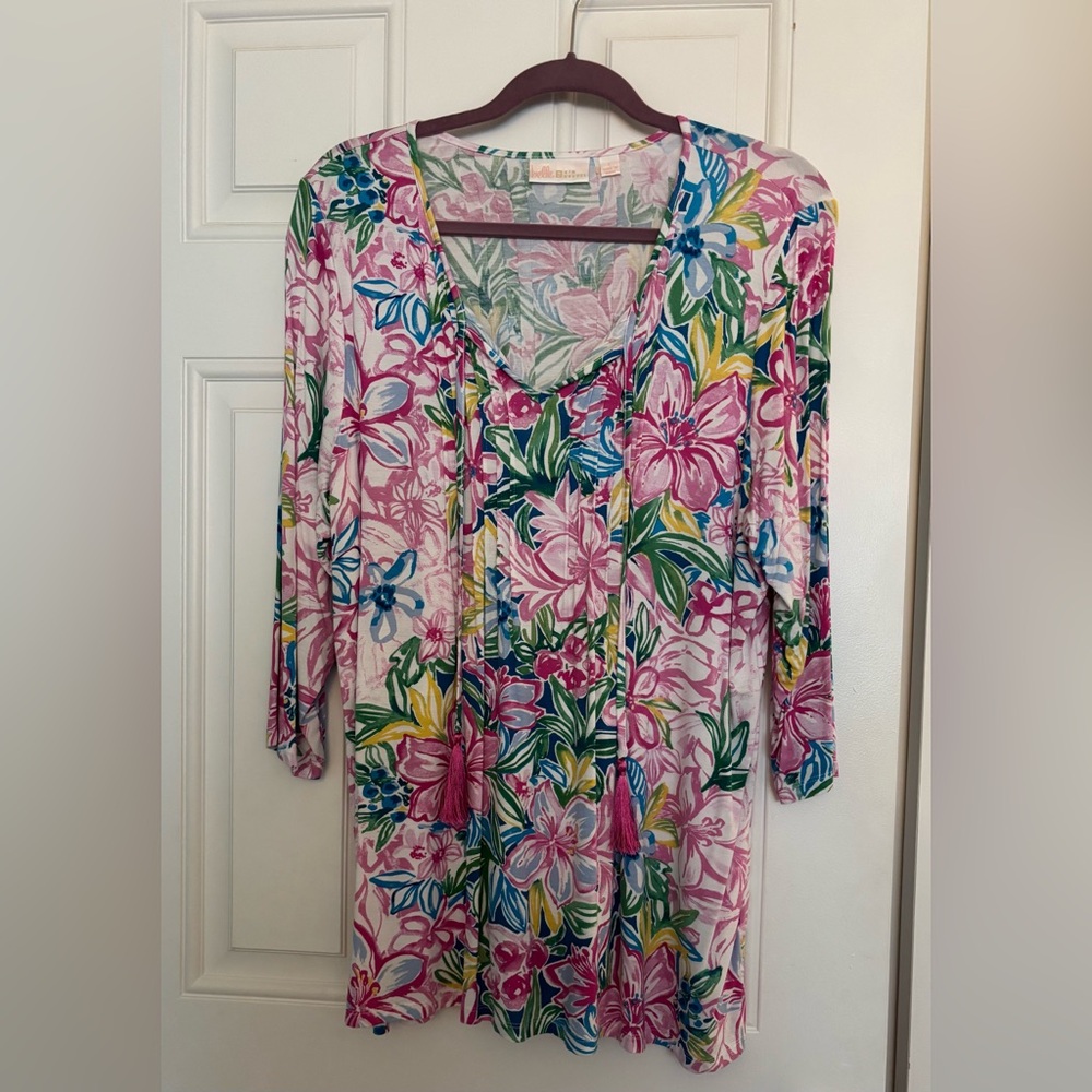 Belle by Kim Gravel Floral Tunic Tassel Top Large